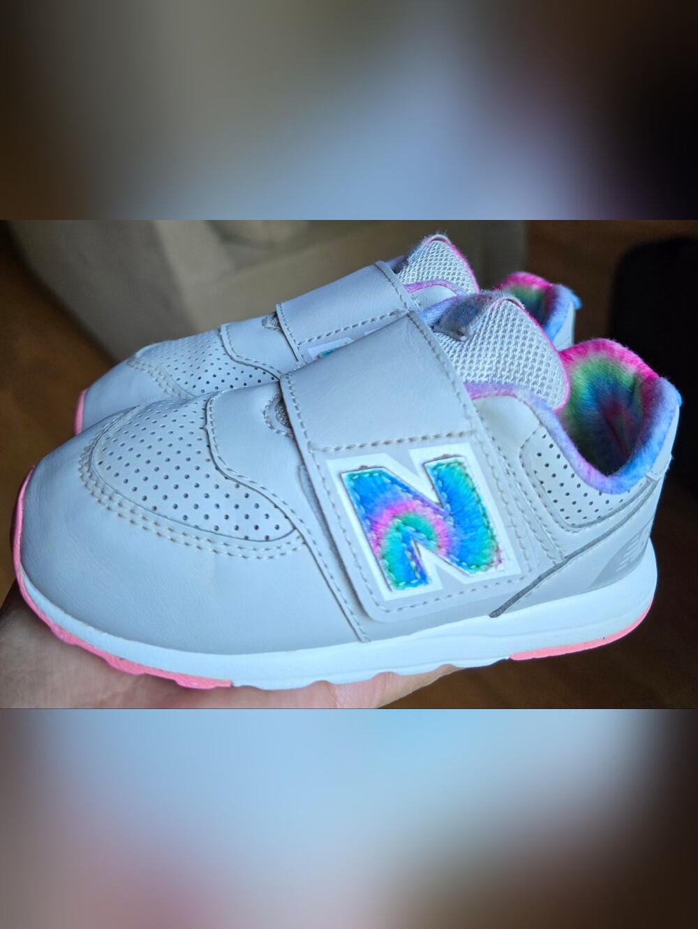 Sz 8 Toddler Girl's NEW BALANCE 574 Grey Matter/Signal Pink Bungee Lace/Adj Stra